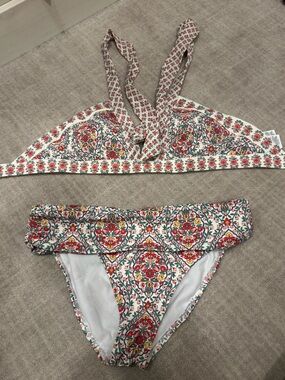 Boden Floral Halter Bikini Top and Bottoms NWOT - Cream with Red, Green, Yellow